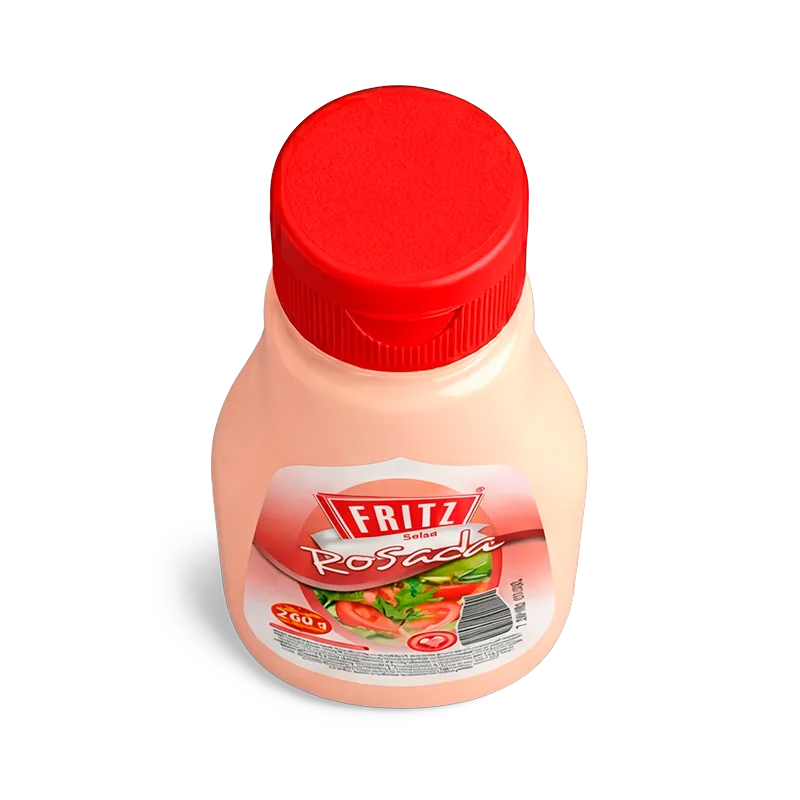 Primer plano de la tapa roja de la botella PET de Salsa Rosada de Fritz