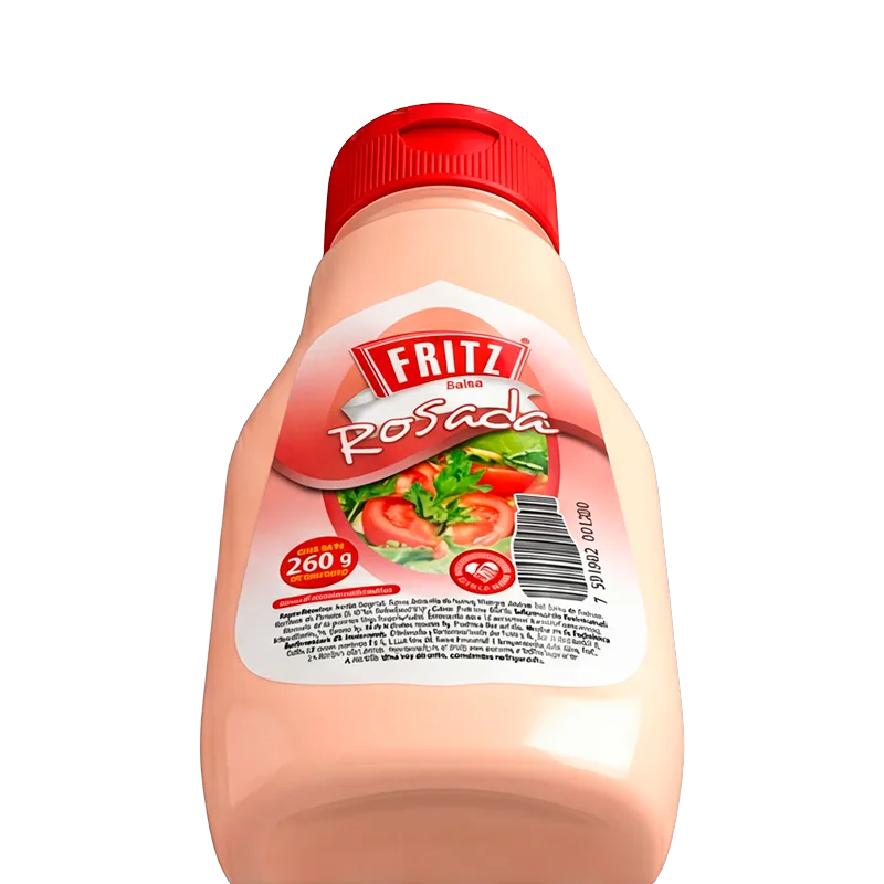 Botella PET de Salsa Rosada de Fritz de 260 gramos inclinada sobre fondo blanco