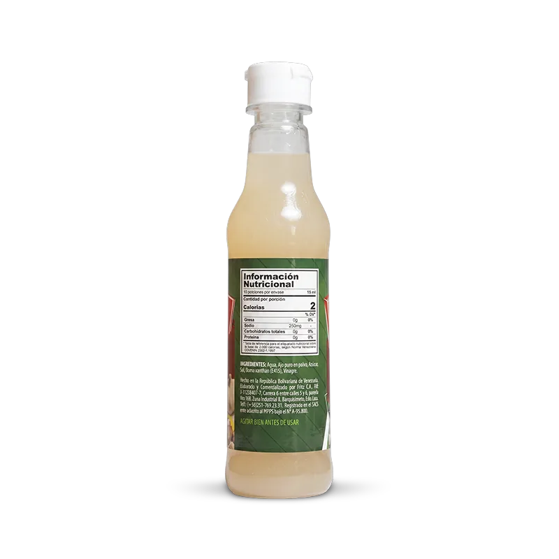 Reverso de la botella de Salsa de Ajo de Fritz de 150 cc con la tabla nutricional