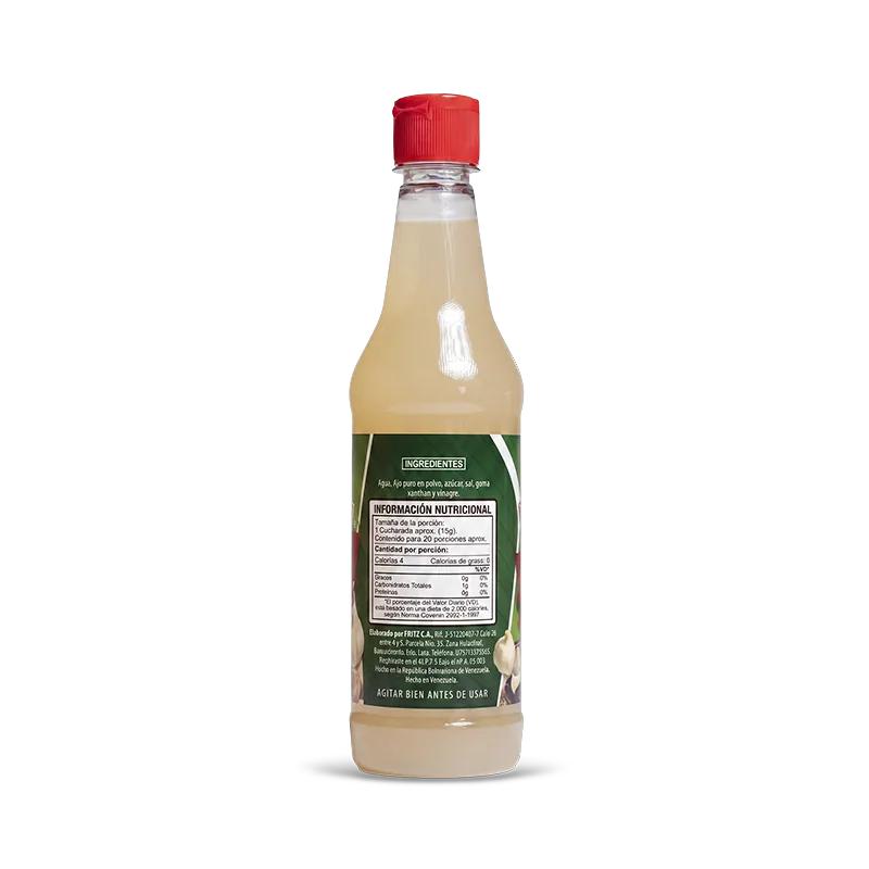 Reverso de la botella de Salsa de Ajo de Fritz de 300 cc con la tabla nutricional