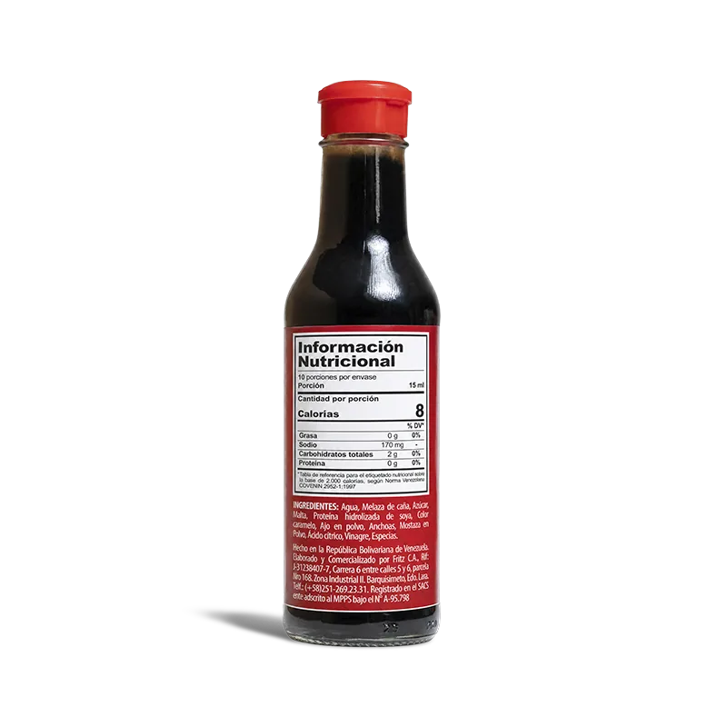 Reverso de la botella de Salsa Inglesa de Fritz de 150 cc con ingredientes y tabla nutricional