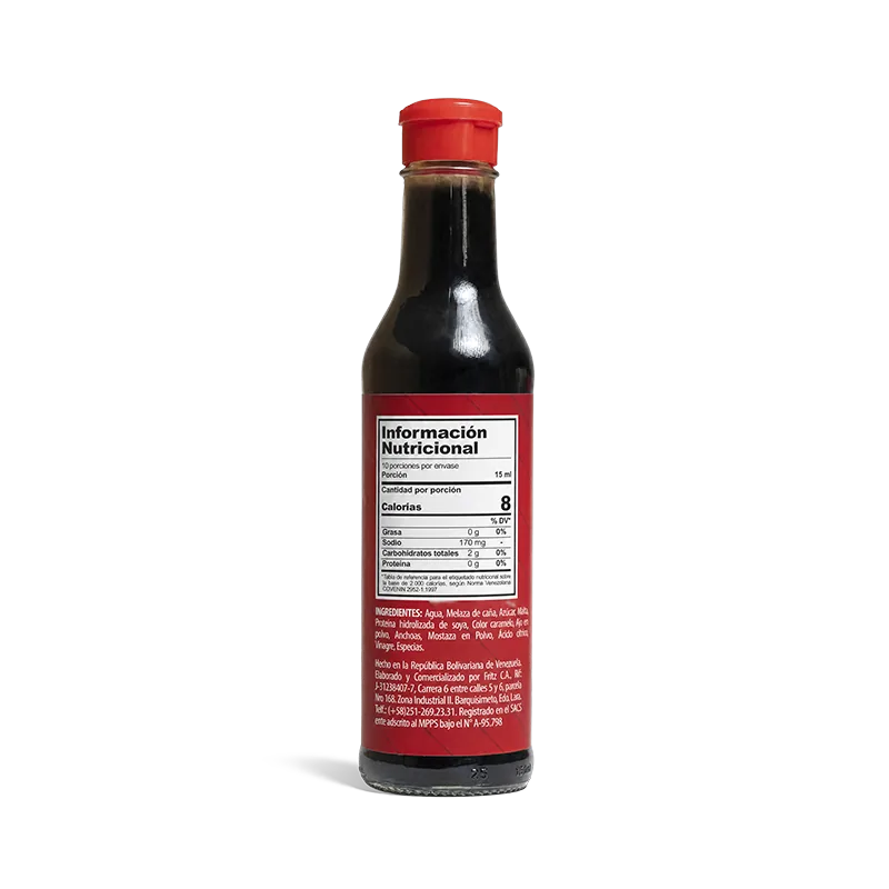 Reverso de la botella de Salsa Inglesa de Fritz de 300 cc con la lista de ingredientes
