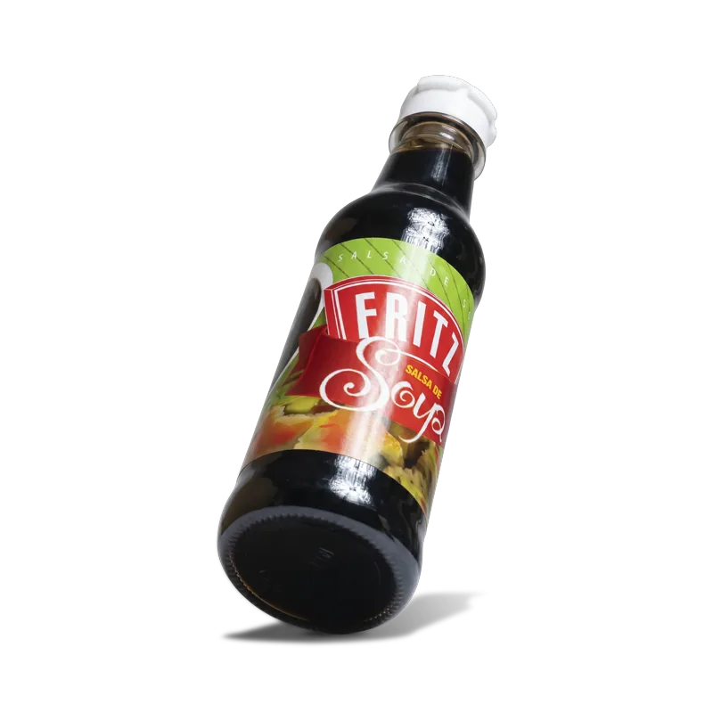 Botella de Salsa de Soya de Fritz de 150 cc en posición diagonal, mostrando la etiqueta