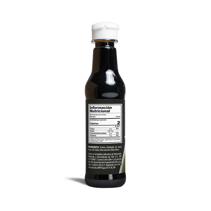 Reverso de la botella de Salsa de Soya de Fritz de 150 cc con ingredientes y tabla nutricional