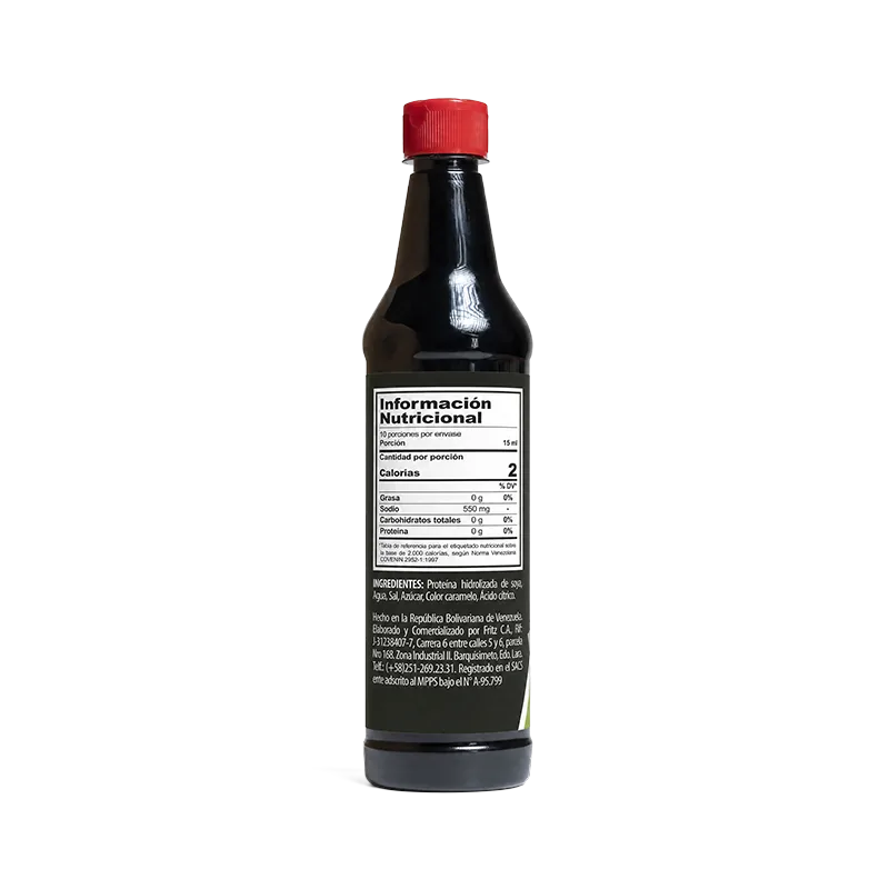 Reverso de la botella de Salsa de Soya de Fritz de 300 cc con la lista de ingredientes