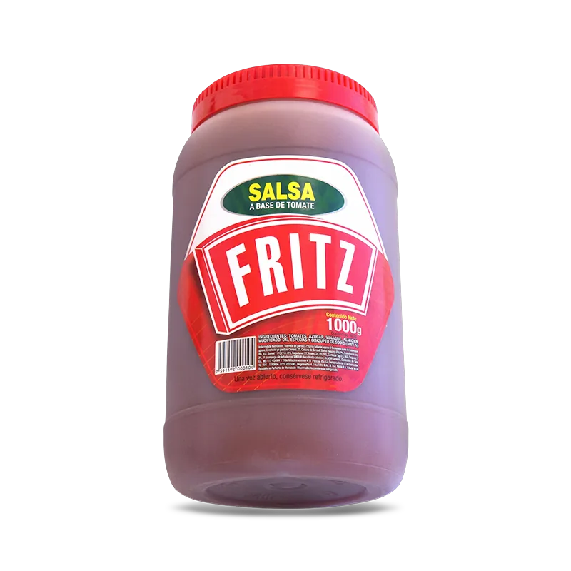 Frasco de Salsa a Base de Tomate de Fritz de 1000 gramos inclinado sobre fondo blanco
