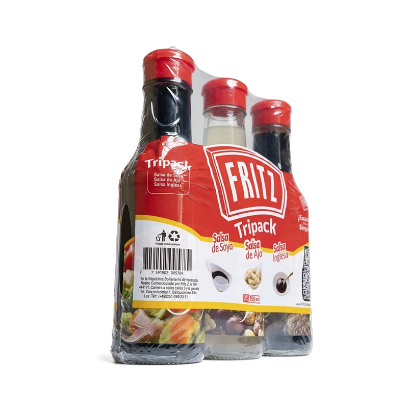Tripack de Fritz de tres botellas de 150 cc inclinado sobre fondo blanco