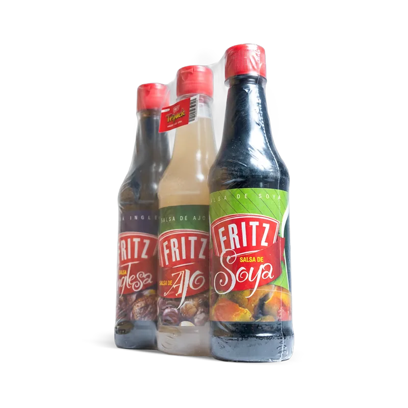Tripack de Fritz de tres botellas de 300 cc inclinado sobre fondo blanco