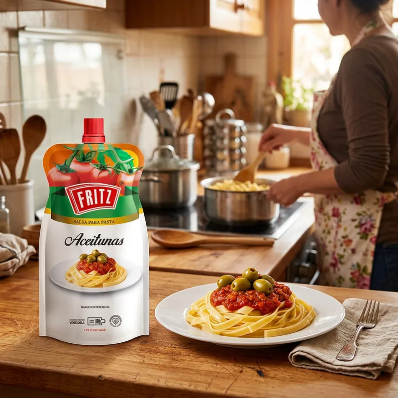 Doypack de Salsa para Pasta Aceitunas de Fritz sobre una mesa de cocina, junto a un plato de pasta