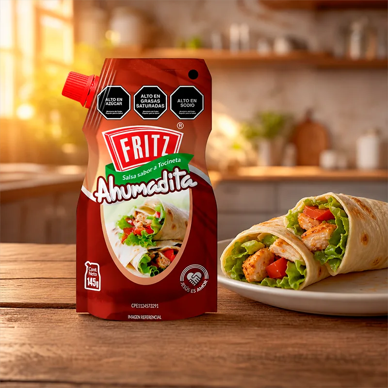 Doypack de Ahumadita Fritz sobre una mesa de madera junto a un plato de wraps de pollo con vegetales