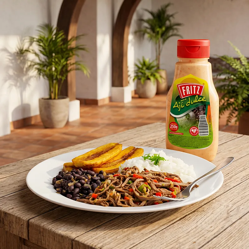 Botella de Salsa de Ají Dulce de Fritz sobre una mesa junto a un plato de arroz, caraotas y carne mechada