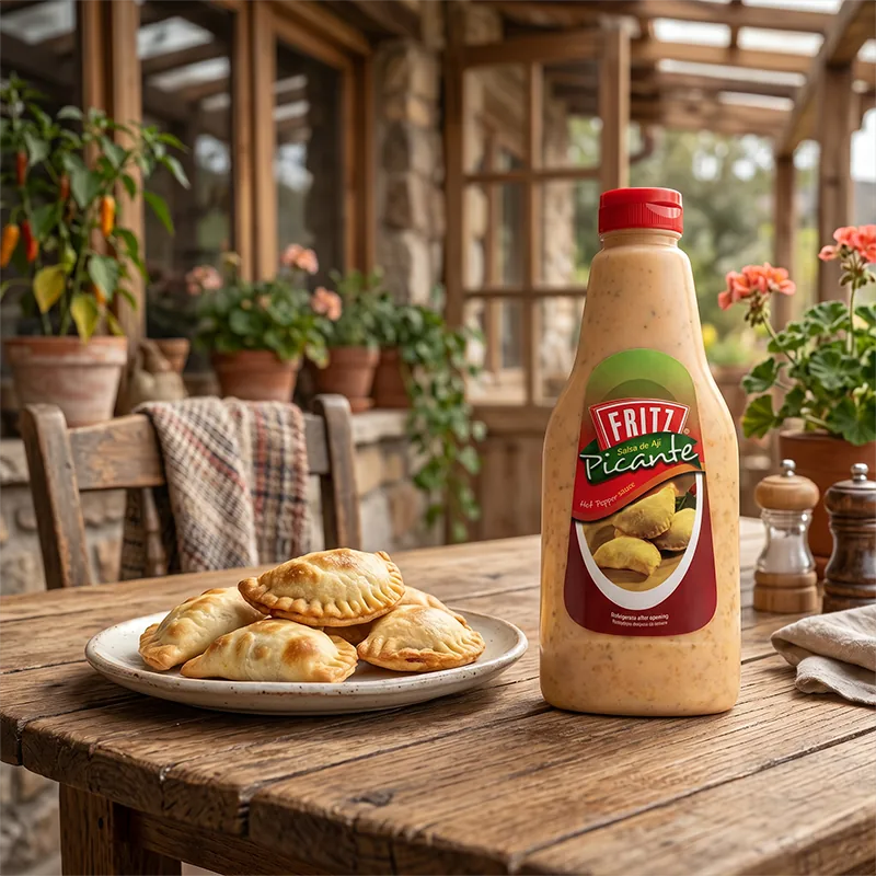 Envase de Salsa de Ají Picante de Fritz sobre una mesa de patio junto a un plato de empanadas