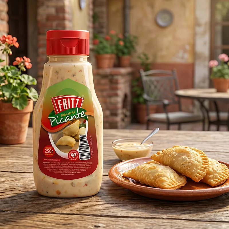 Botella de Salsa de Ají Picante de Fritz sobre una mesa de patio junto a una bandeja de empanadas