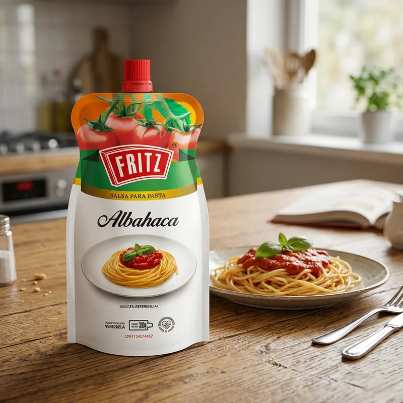 Doypack de Salsa para Pasta Albahaca de Fritz sobre una mesa de cocina, junto a un plato de pasta
