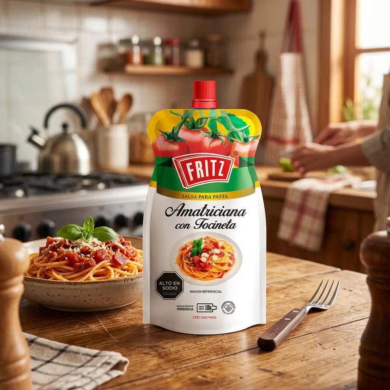 Doypack de Salsa Amatriciana con Tocineta de Fritz sobre una mesa de cocina, junto a un plato de pasta
