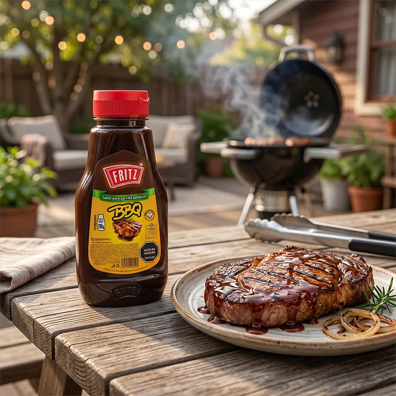 Botella de Salsa BBQ de Fritz sobre una mesa de patio junto a un plato de carne asada y una parrilla encendida