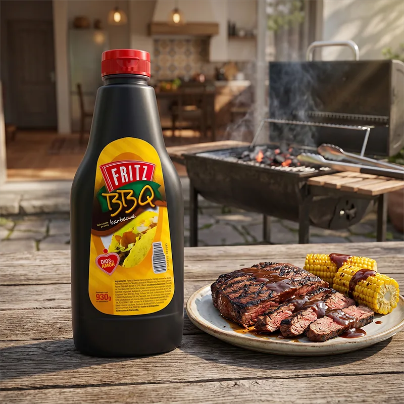 Envase de Salsa BBQ de Fritz de 930 gramos junto a un plato de costillas y maíz asado