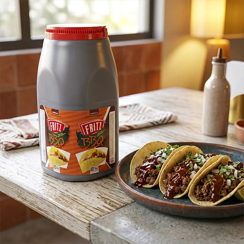 Medio galón de Salsa BBQ de Fritz sobre una mesa junto a un plato de tacos de carne
