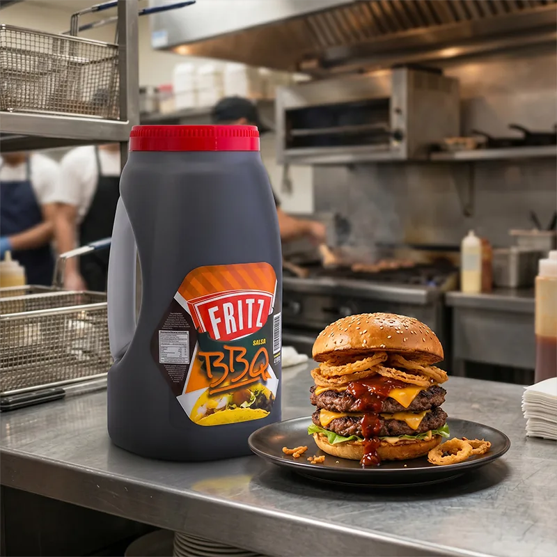 Galón de Salsa BBQ de Fritz en una cocina profesional junto a una hamburguesa doble