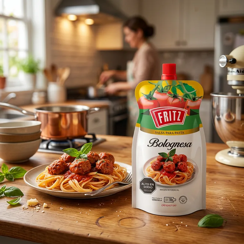 Doypack de Salsa Boloñesa de Fritz sobre una mesa de cocina, junto a un plato de pasta