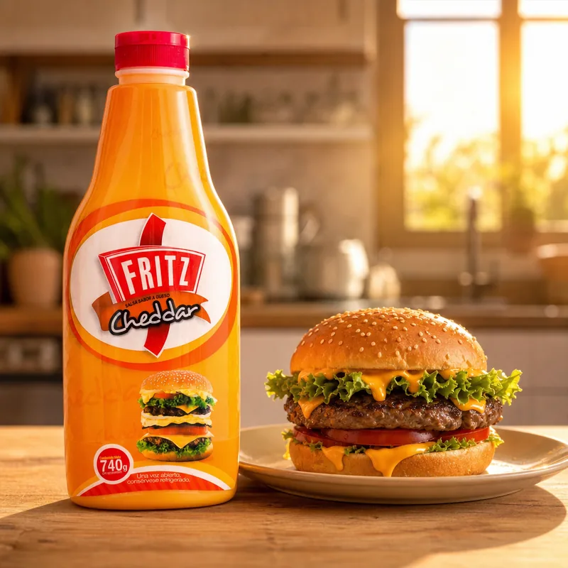 Envase de Cheddar Fritz de 740 gramos en una cocina junto a una hamburguesa con queso