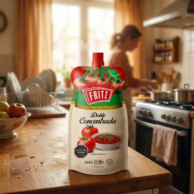 Doypack de Pasta de Tomate Doble Concentrada de Fritz sobre una mesa de cocina, junto a un plato de pasta