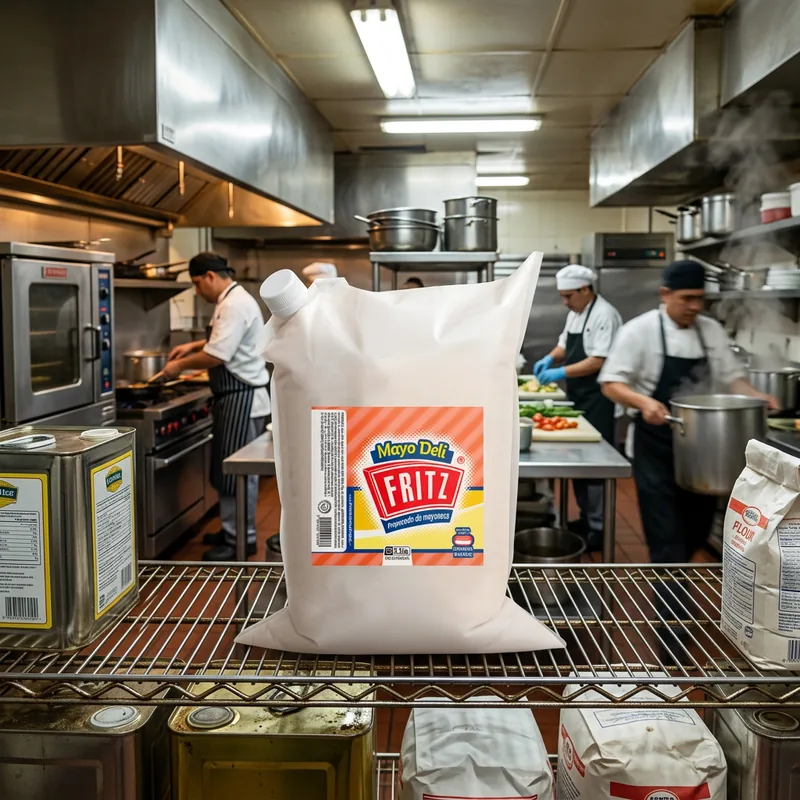 Mayo Deli Fritz 3100 g en una cocina, junto a un plato servido