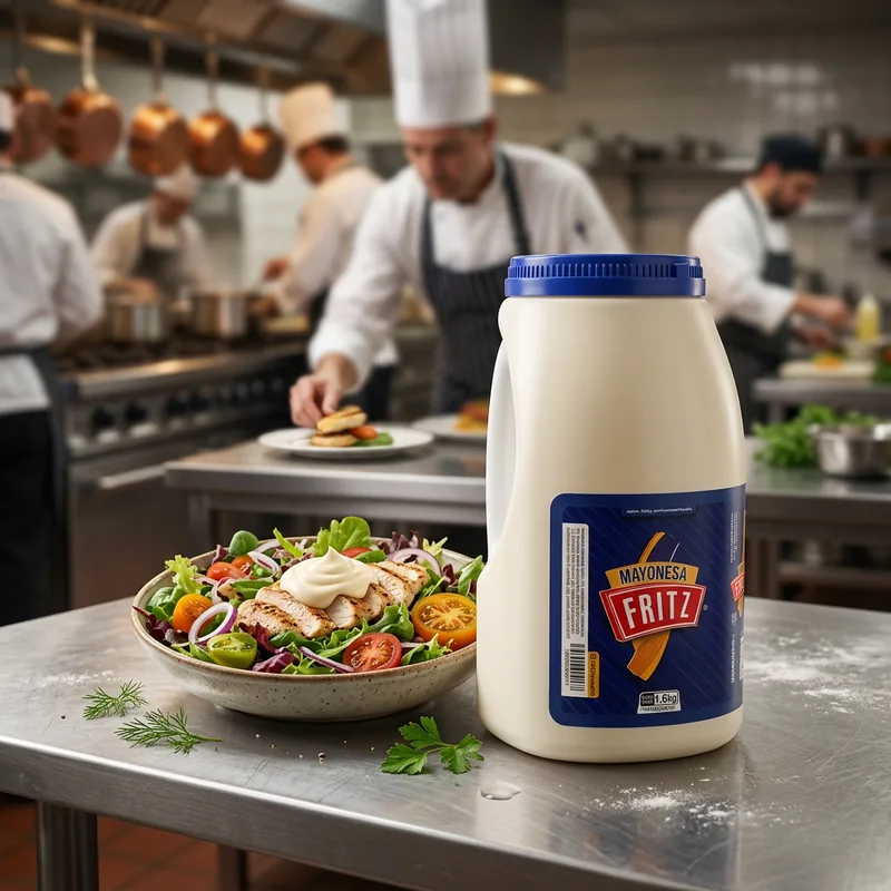 Mayonesa Fritz 1600 g en una cocina, junto a un plato servido