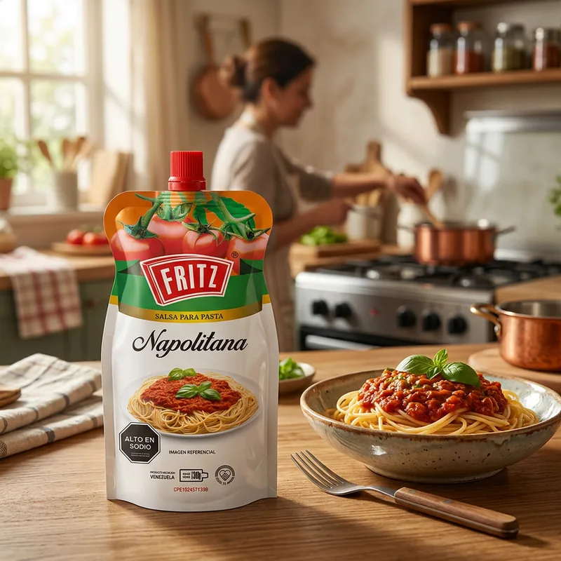 Doypack de Salsa para Pasta Napolitana de Fritz sobre una mesa de cocina, junto a un plato de pasta