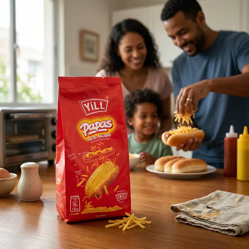 Bolsa de Papas Fritas Ralladas Yill 160 g sobre una mesa, junto a unos perros calientes