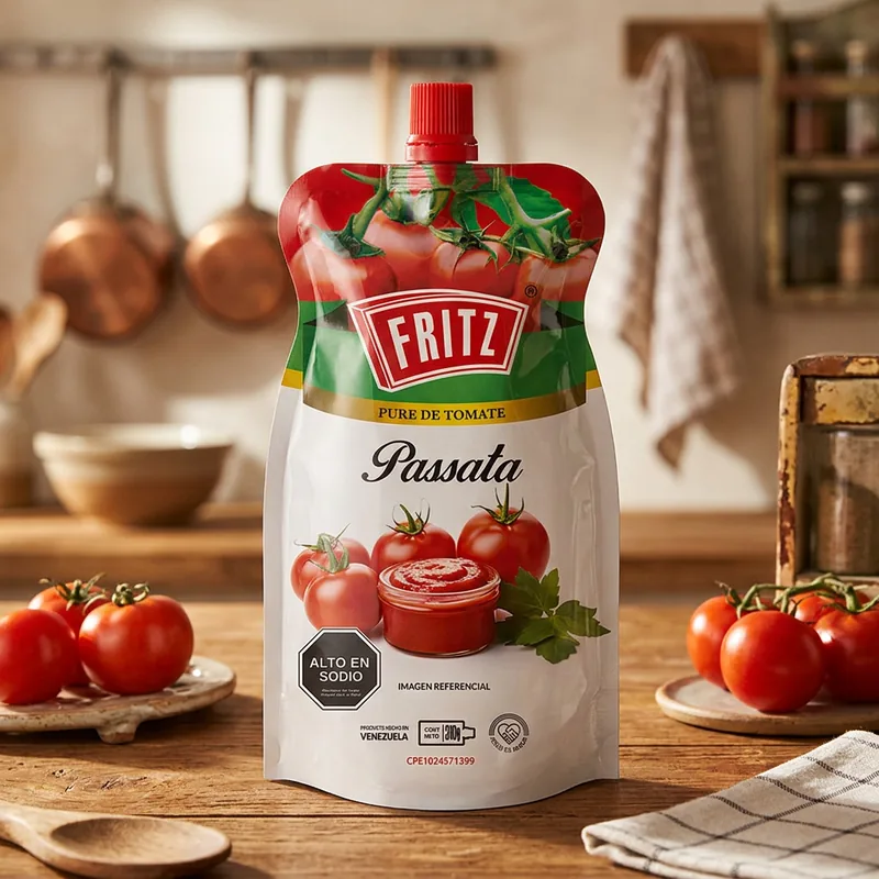 Doypack de Puré de Tomate Passata de Fritz sobre una mesa de cocina, junto a un plato de pasta