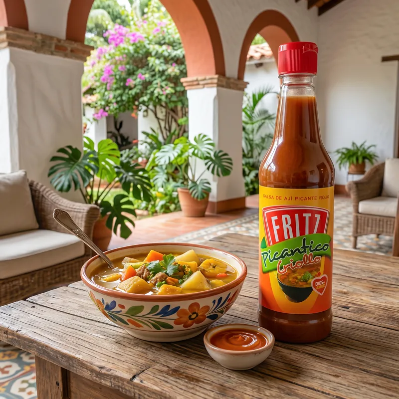 Botella de Salsa Picantico Criollo de Fritz sobre una mesa de patio junto a un plato hondo de sopa criolla