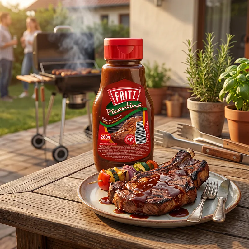 Botella de Picantina de Fritz sobre una mesa de patio junto a un plato de costillas y vegetales asados