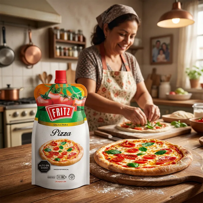 Doypack de Salsa para Pasta Pizza de Fritz sobre una mesa de cocina, junto a un plato de pasta