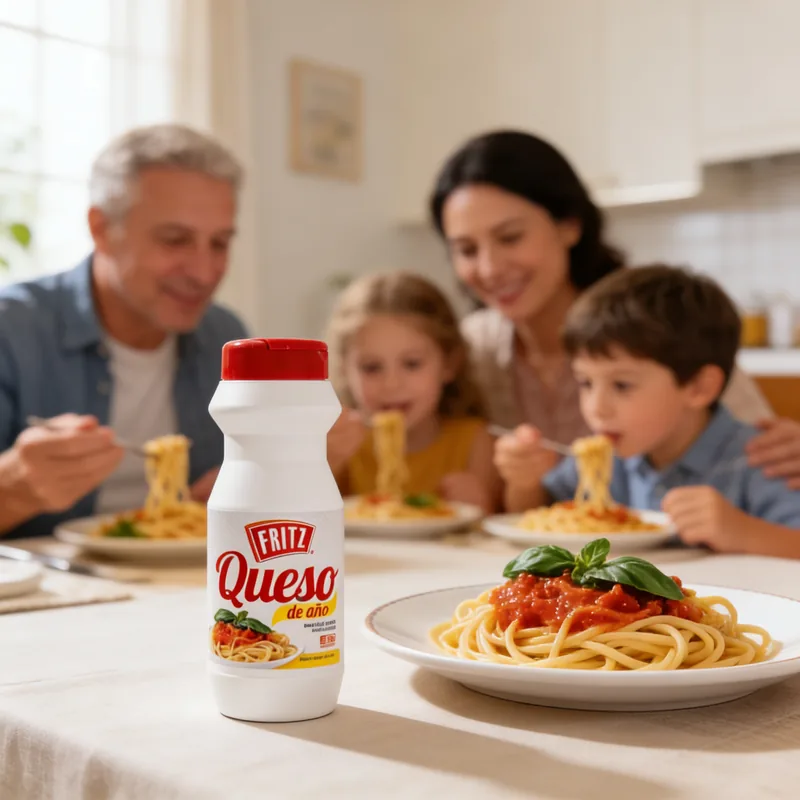 Queso de Año Fritz 180 g sobre una mesa de cocina, junto a un plato servido
