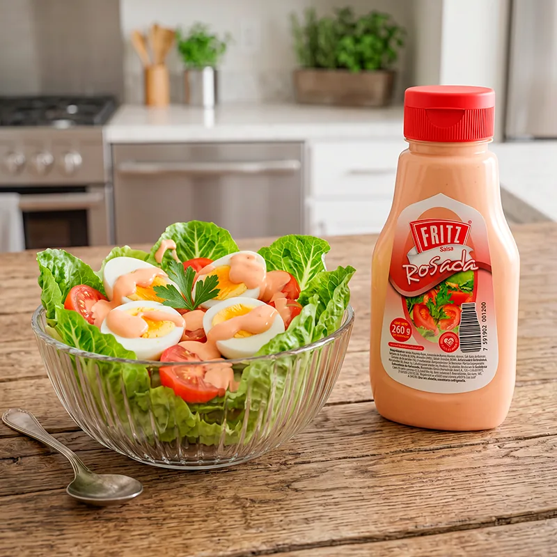 Botella de Salsa Rosada de Fritz sobre una mesa de madera junto a un bol de ensalada con huevo y camarones