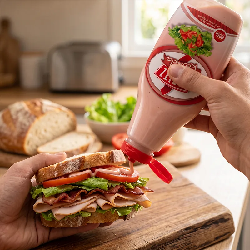Mano exprimiendo el envase de Salsa Rosada de Fritz sobre un sándwich de jamón y vegetales