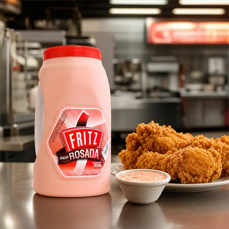 Galón de Salsa Rosada de Fritz en una cocina profesional junto a un plato de pollo frito