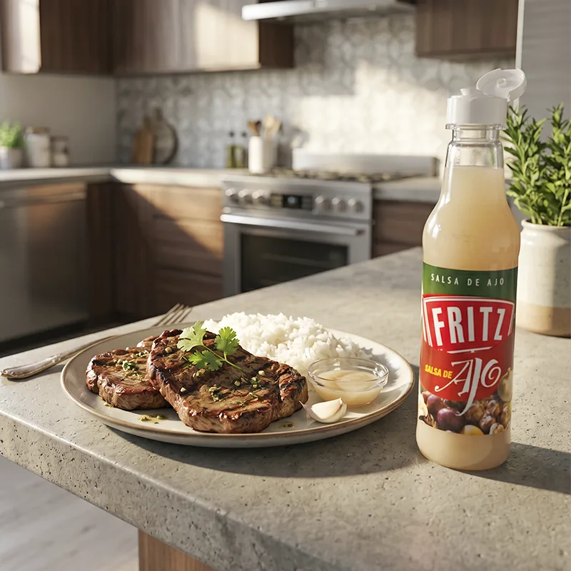 Botella de Salsa de Ajo de Fritz en una cocina junto a un plato de carne a la plancha con arroz