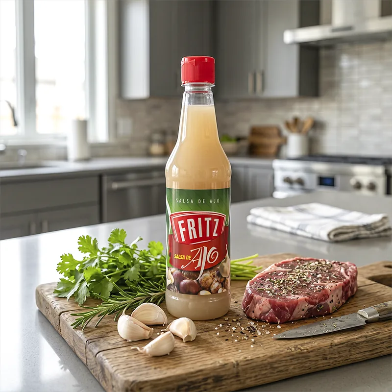 Botella de Salsa de Ajo de Fritz sobre una tabla de madera junto a un corte de carne y cabezas de ajo