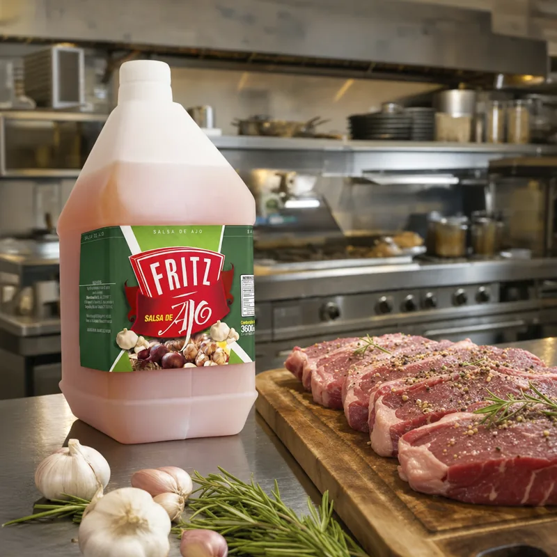Galón de Salsa de Ajo de Fritz en una cocina profesional junto a una tabla con cortes de carne