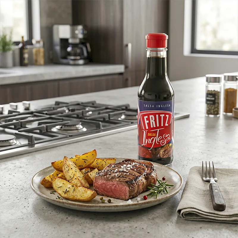 Botella de Salsa Inglesa de Fritz en una cocina junto a un plato de carne con papas asadas