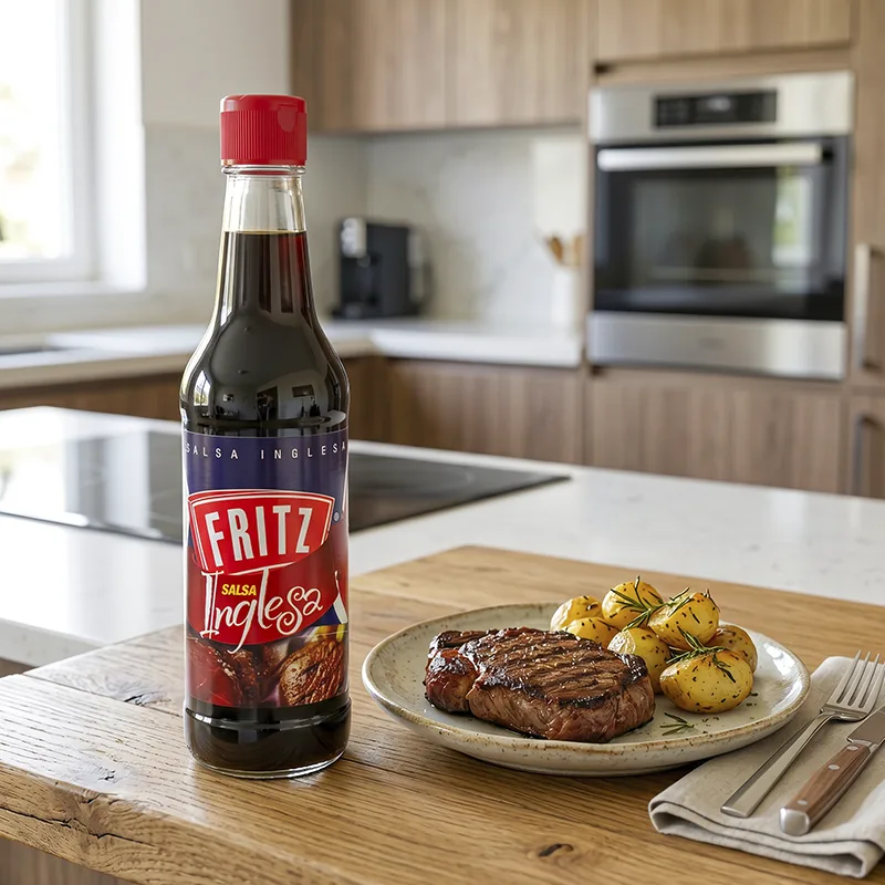 Botella de Salsa Inglesa de Fritz sobre una mesa de madera junto a un plato de carne y papas