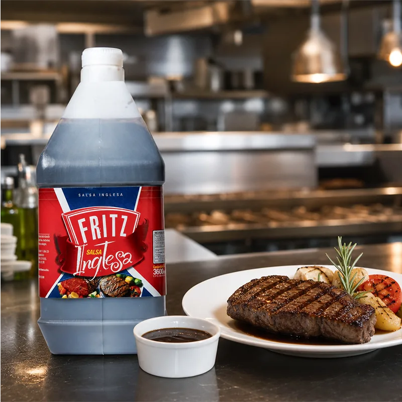 Galón de Salsa Inglesa de Fritz en una cocina profesional junto a un plato de carne a la parrilla