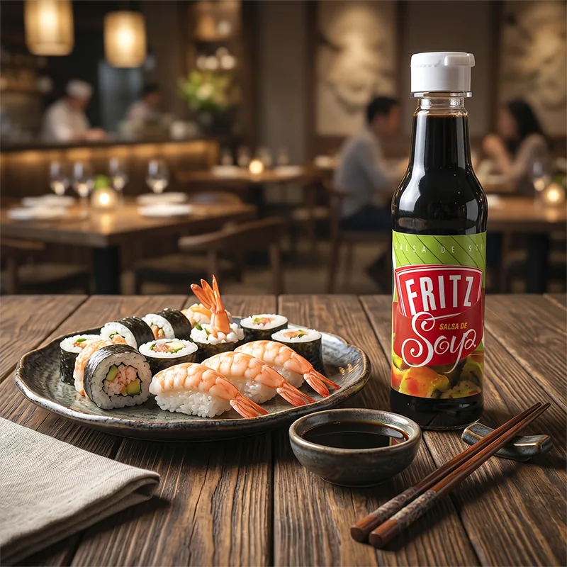 Botella de Salsa de Soya de Fritz sobre una mesa de restaurante junto a un plato de sushi y palillos