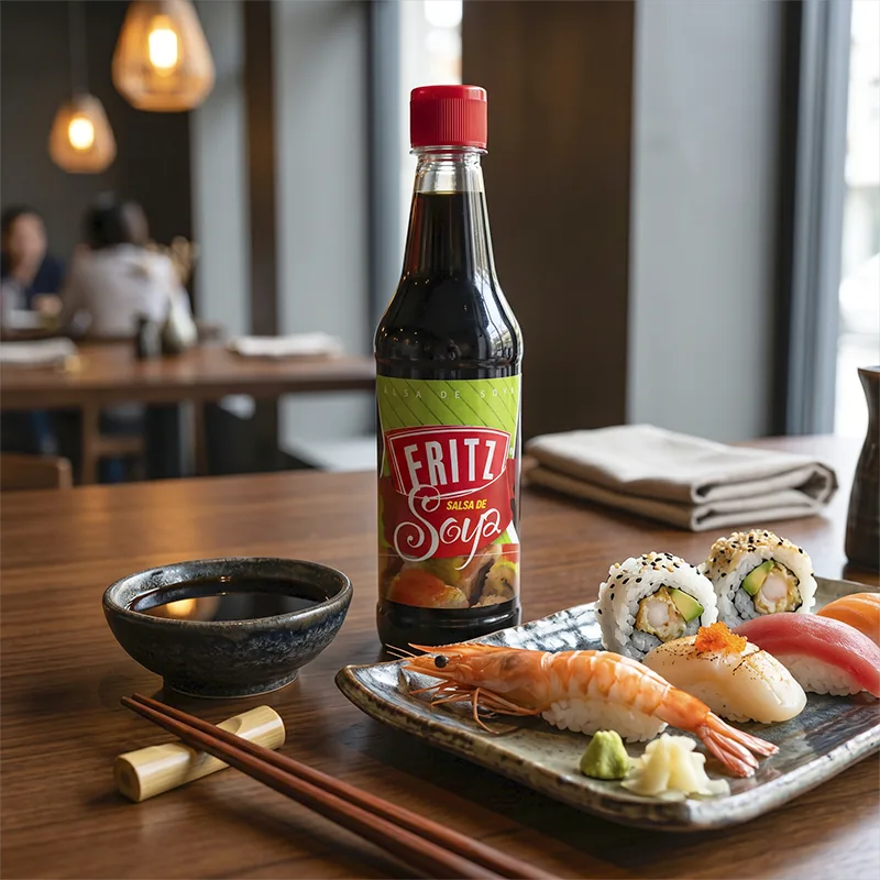 Botella de Salsa de Soya de Fritz sobre una mesa junto a una tabla de sushi y un cuenco de salsa