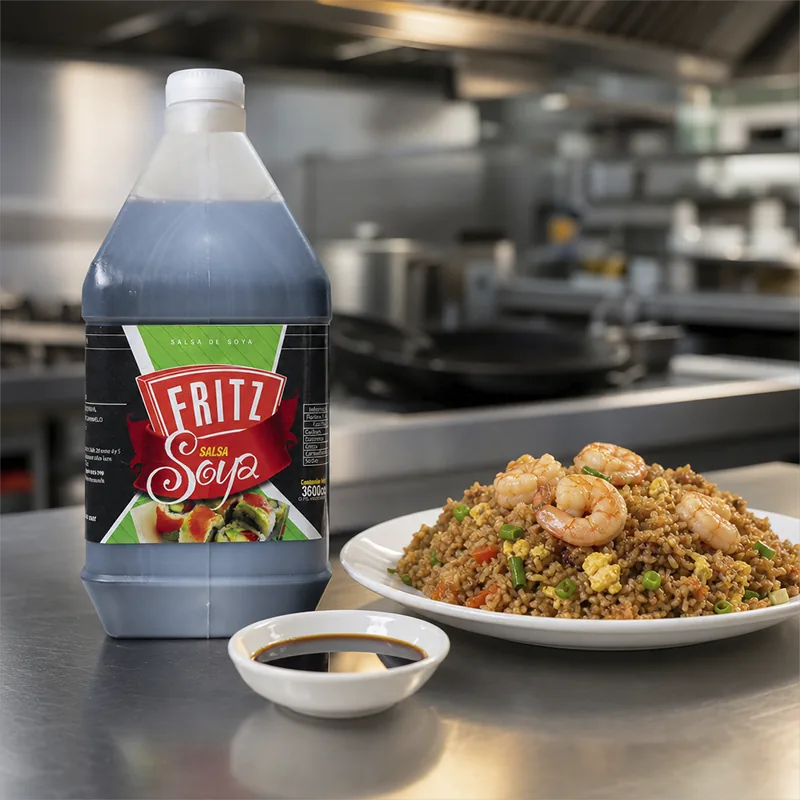 Galón de Salsa de Soya de Fritz en una cocina profesional junto a un plato de arroz salteado con camarones