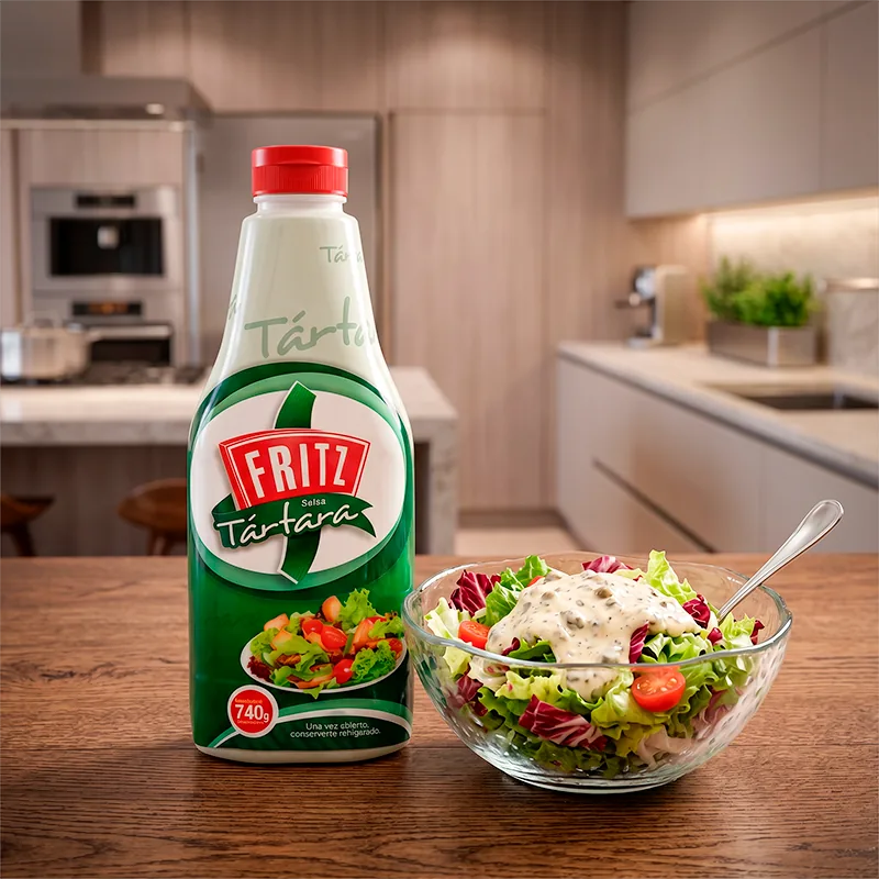 Envase de Salsa Tártara de Fritz de 740 gramos en una cocina junto a un bol de ensalada