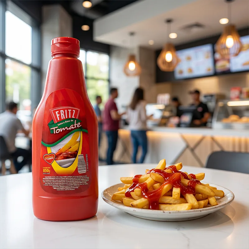 Botella de Salsa de Tomate de Fritz sobre una mesa junto a un plato de papas fritas