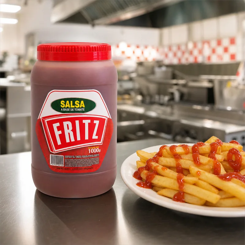 Frasco de Salsa de Tomate de Fritz de 1000 gramos en una cocina junto a un plato de papas fritas
